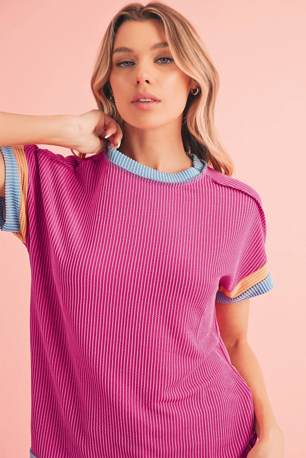 Sky Blue Textured Colorblock Round Neck T Shirt-T Shirts-[Adult]-[Female]-2022 Online Blue Zone Planet