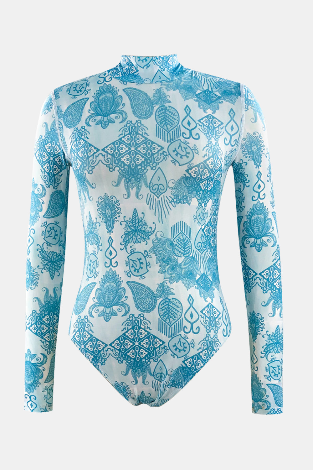 Printed Mock Neck Long Sleeve One-Piece Swimwear-TOPS / DRESSES-[Adult]-[Female]-2022 Online Blue Zone Planet