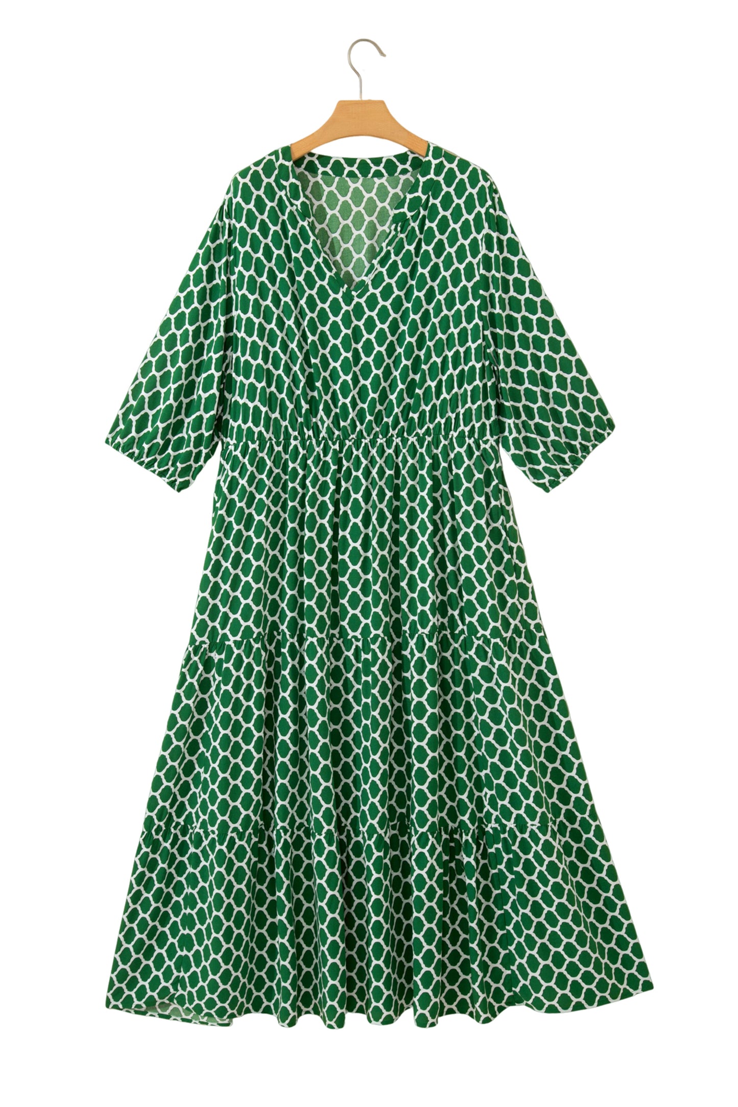Green Plus Size Geometric Print Pocketed Ruffle Hem Casual Dress-TOPS / DRESSES-[Adult]-[Female]-2022 Online Blue Zone Planet