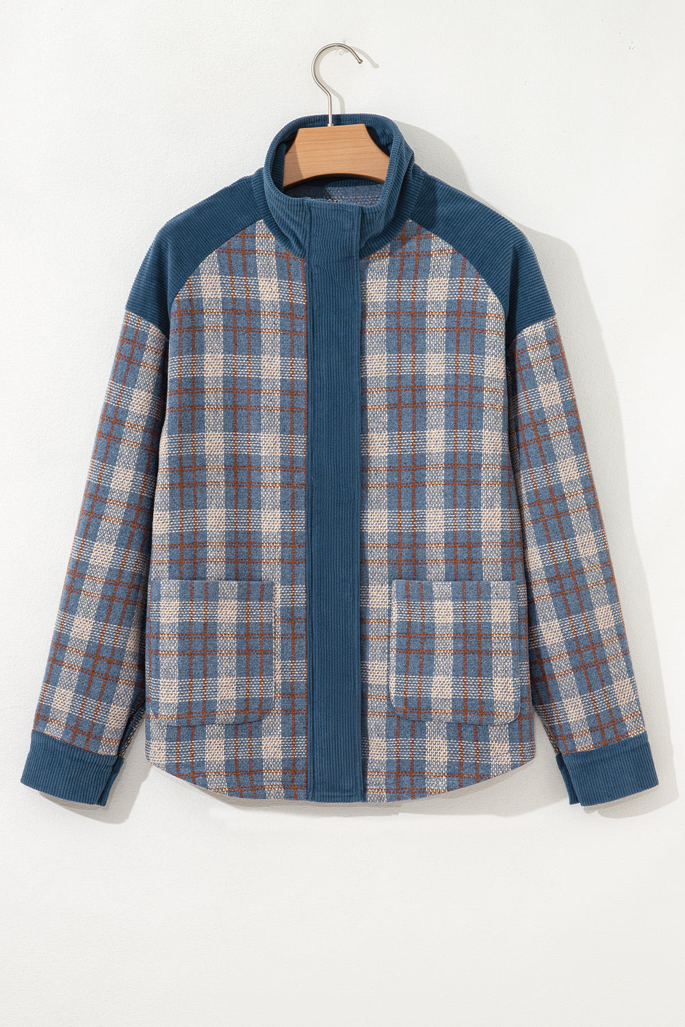 Gray Plaid Corduroy Patchwork Collared Zip Up Snap Button Jacket-Outerwear/Plaid Shackets-[Adult]-[Female]-2022 Online Blue Zone Planet