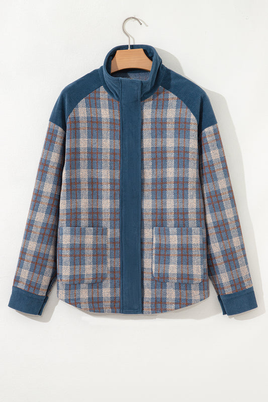 Gray Plaid Corduroy Patchwork Collared Zip Up Snap Button Jacket-Outerwear/Plaid Shackets-[Adult]-[Female]-2022 Online Blue Zone Planet