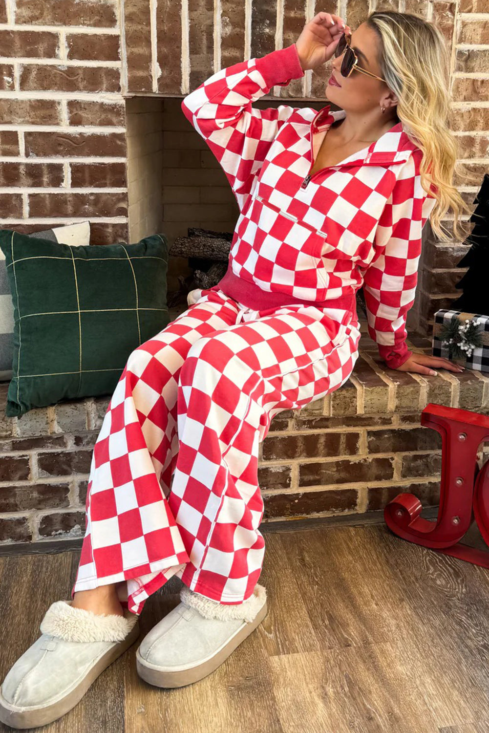 Red Checkered Print Half Zip Hoodie Loose Pant Set-Tops / Dresses-[Adult]-[Female]-2022 Online Blue Zone Planet