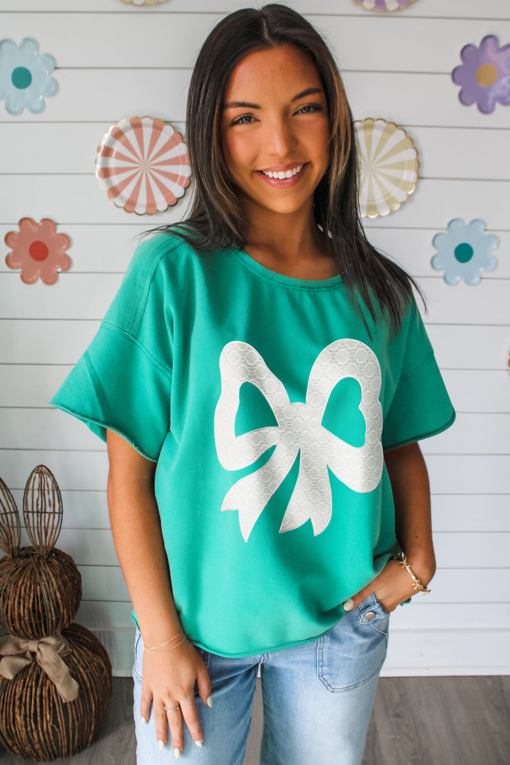 Sea Green Lace Bow Raw Edge Drop Shoulder Casual T Shirt-Tops/Tops & Tees-[Adult]-[Female]-2022 Online Blue Zone Planet
