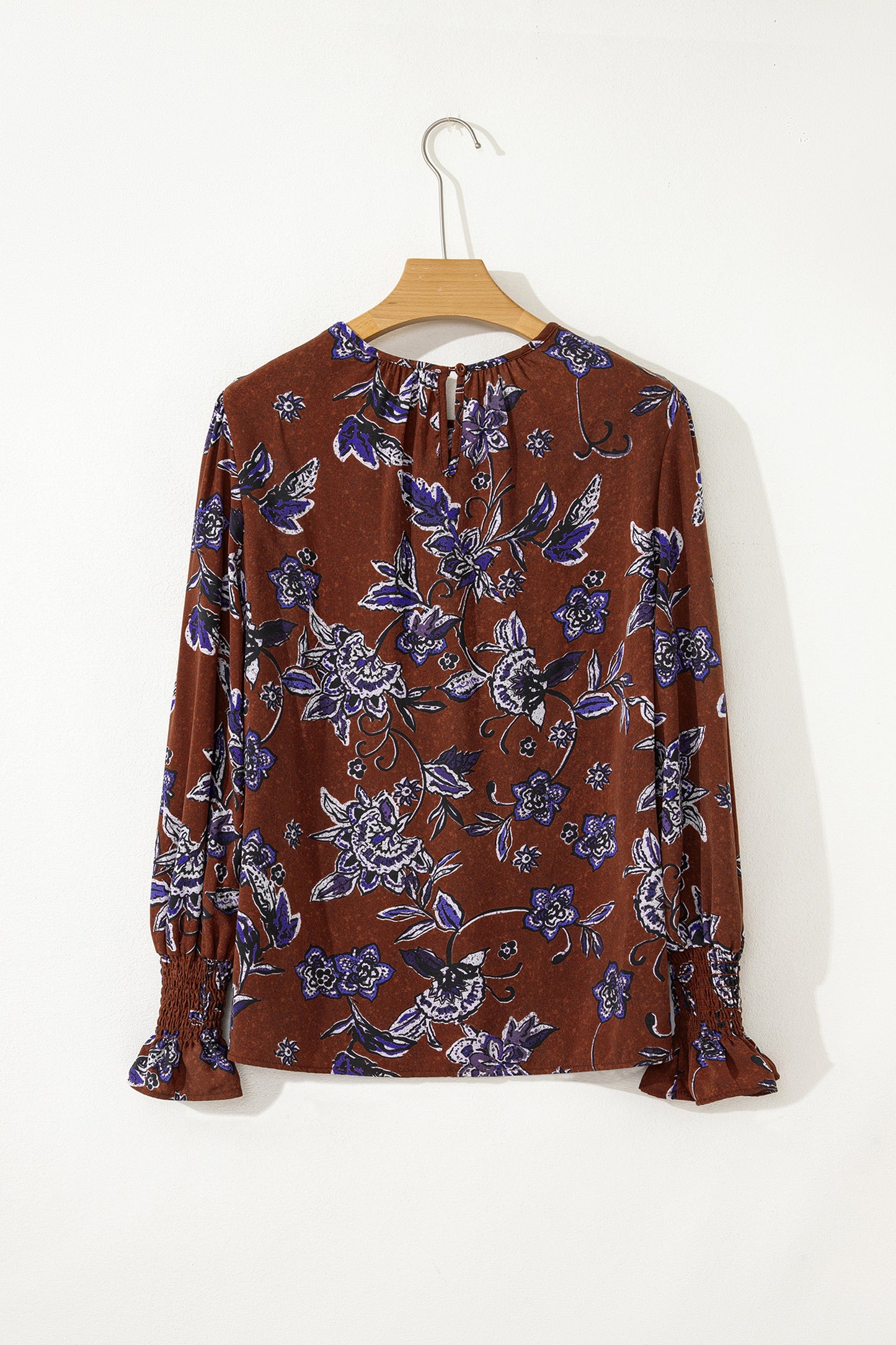 Brown Autumn Floral Print Smocked Cuffs Shift Blouse-Tops/Blouses & Shirts-[Adult]-[Female]-2022 Online Blue Zone Planet