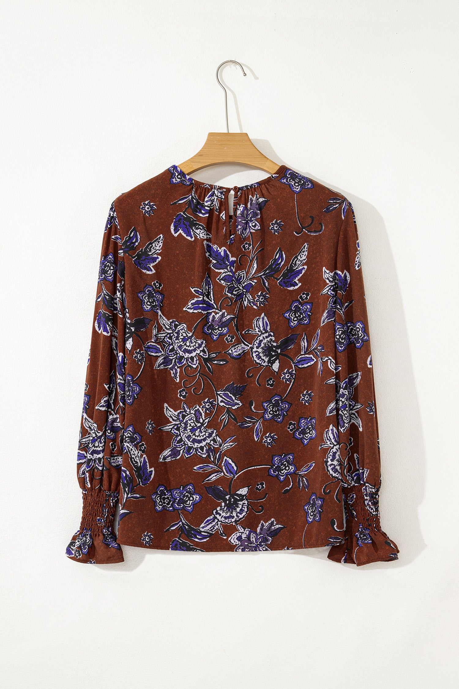 Brown Autumn Floral Print Smocked Cuffs Shift Blouse-Tops/Blouses & Shirts-[Adult]-[Female]-2022 Online Blue Zone Planet