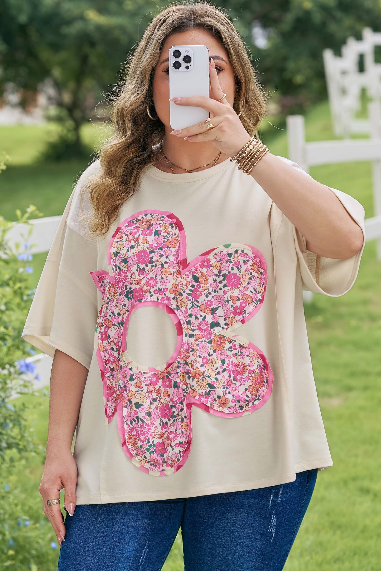Jet Stream Big Flower Patched Plus Size Tunic T-Shirt-Plus Size/Plus Size Tops/Plus Size Tops & Tees-[Adult]-[Female]-2022 Online Blue Zone Planet