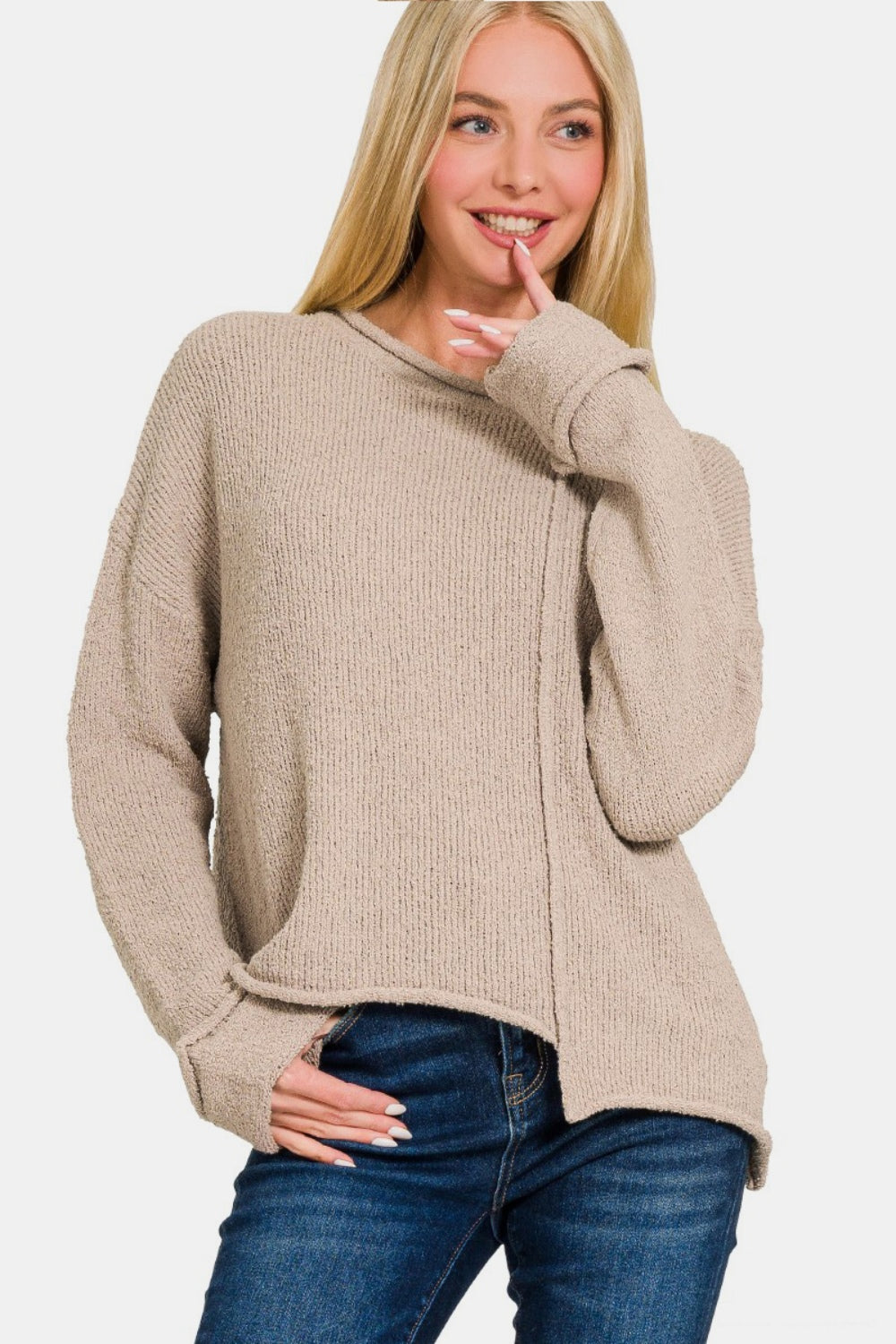 Zenana Asymmetric Hem Drop Shoulder Sweater-TOPS / DRESSES-[Adult]-[Female]-Ash Mocha-S-2022 Online Blue Zone Planet