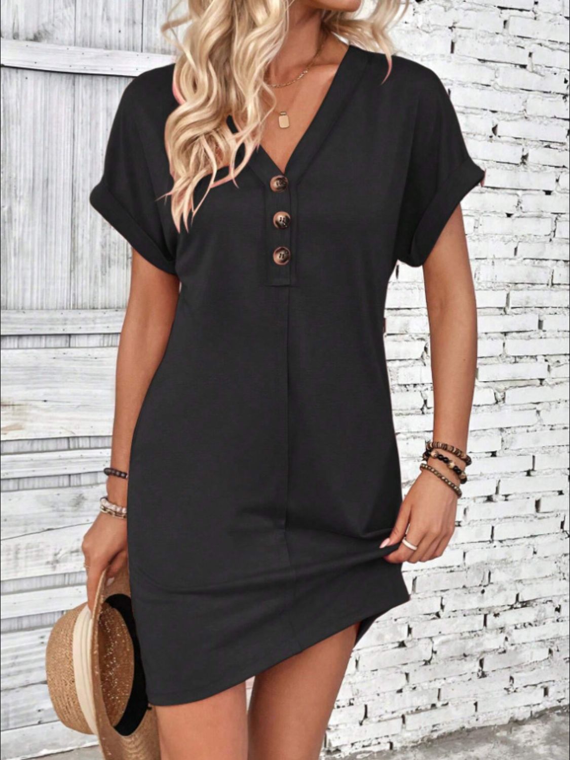 Quarter Button V-Neck Short Sleeve Dress-TOPS / DRESSES-[Adult]-[Female]-Black-S-2022 Online Blue Zone Planet