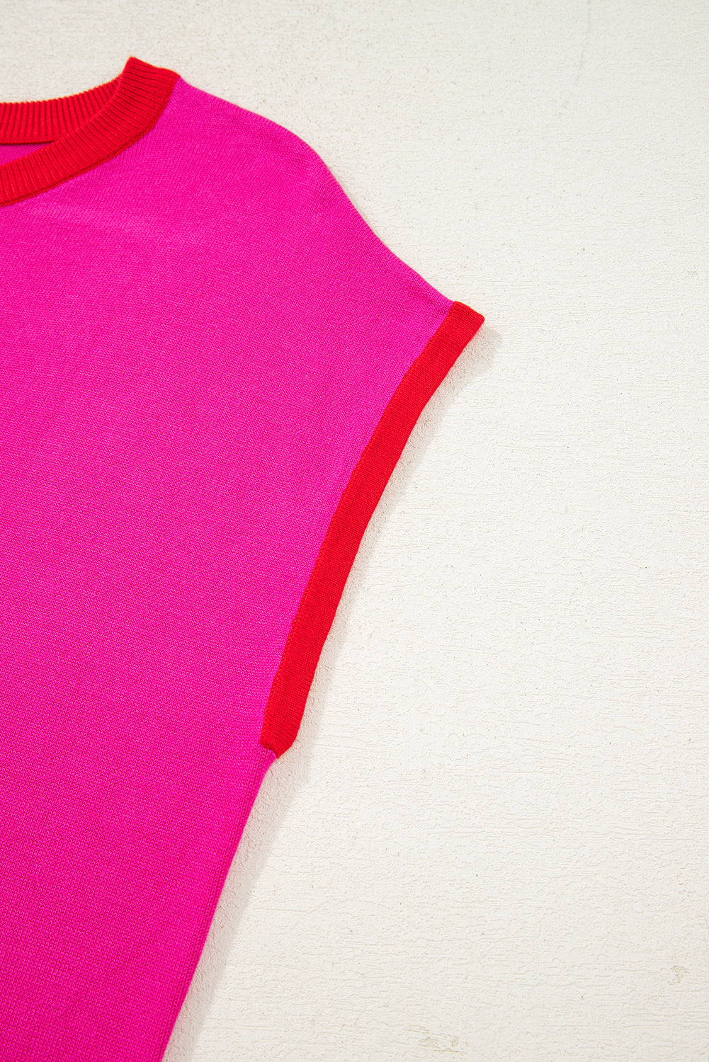 Rose Red Contrast Trim Round Neck Short Sleeve Loose Knit Sweater-TOPS / DRESSES-[Adult]-[Female]-2022 Online Blue Zone Planet