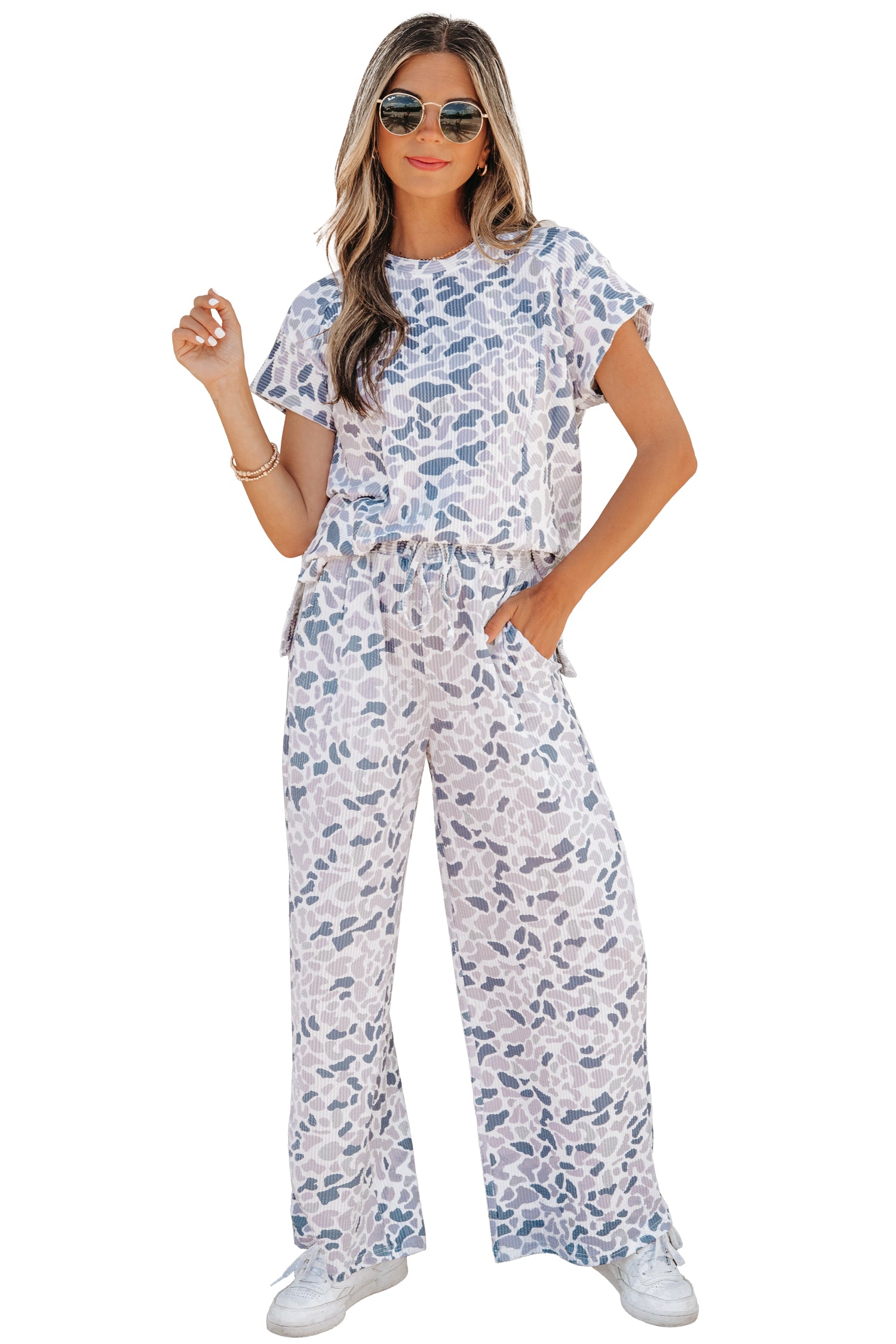 Beige Camouflage Print Twisted Rib Loose Tee Drawstring Pants Set-Two Piece Sets/Pant Sets-[Adult]-[Female]-2022 Online Blue Zone Planet