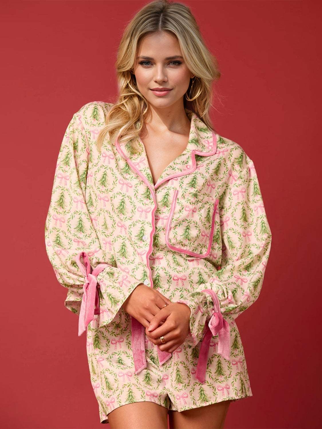 Blue Zone Planet | Christmas Tied Printed Collared Neck Long Sleeve Top and Shorts Set-TOPS / DRESSES-[Adult]-[Female]-Pastel Yellow-S-2022 Online Blue Zone Planet