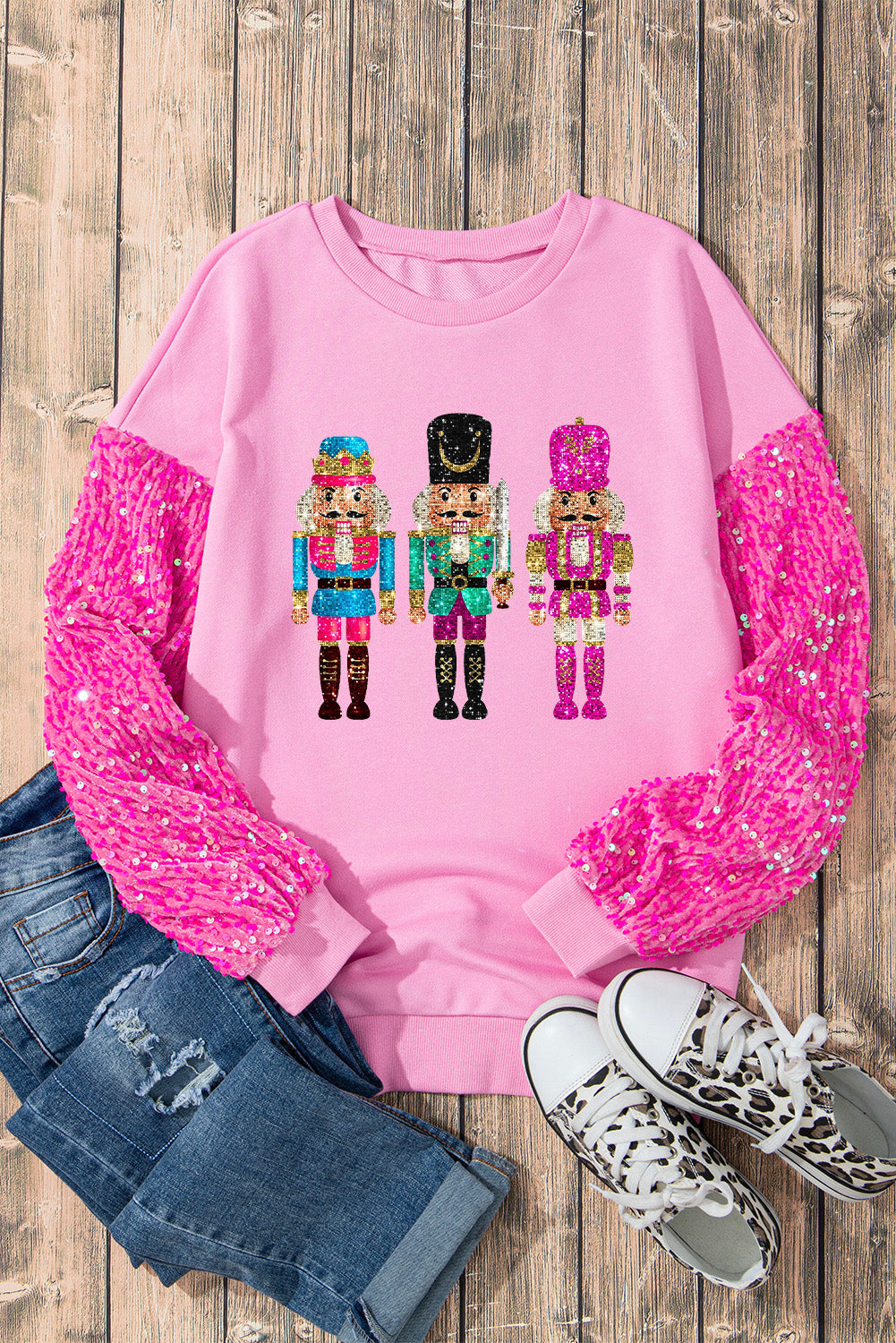 Blue Zone Planet | Pink Nutcracker Graphic Christmas Sequin Sleeve Drop Shoulder Sweatshirt-Graphic Sweatshirts-[Adult]-[Female]-2022 Online Blue Zone Planet