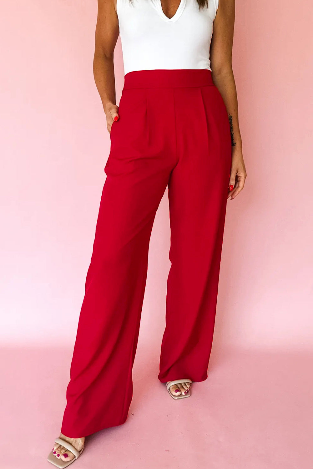 Fiery Red Pleated Detail Pull On High Elastic Waist Loose Straight Pants-Bottoms/Pants & Culotte-[Adult]-[Female]-Fiery Red-S-2022 Online Blue Zone Planet