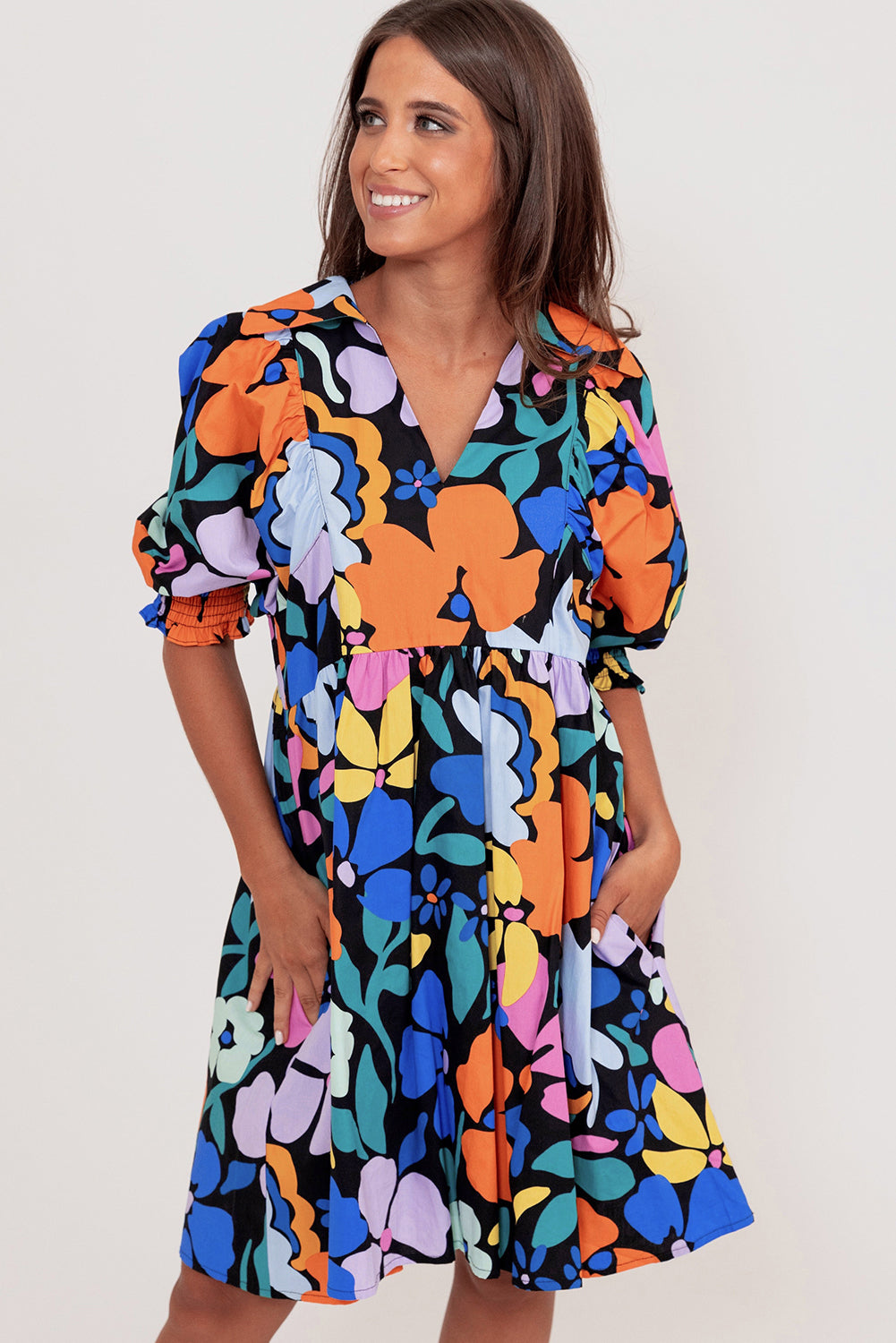 Blue Collared Split Neck Floral Flared Dress-TOPS / DRESSES-[Adult]-[Female]-2022 Online Blue Zone Planet