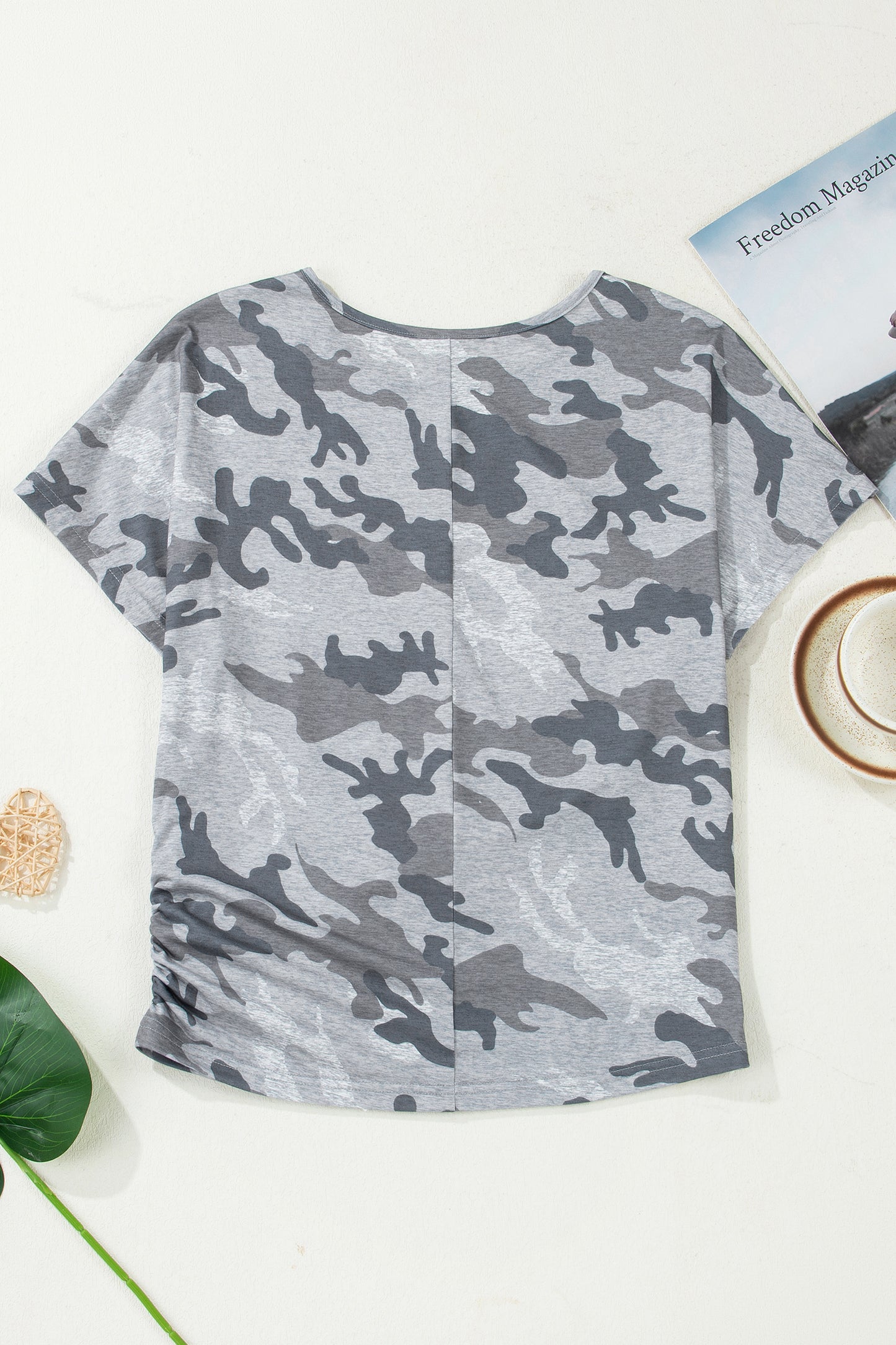 Gray Camouflage Print Round Neck T Shirt-Tops/Tops & Tees-[Adult]-[Female]-2022 Online Blue Zone Planet