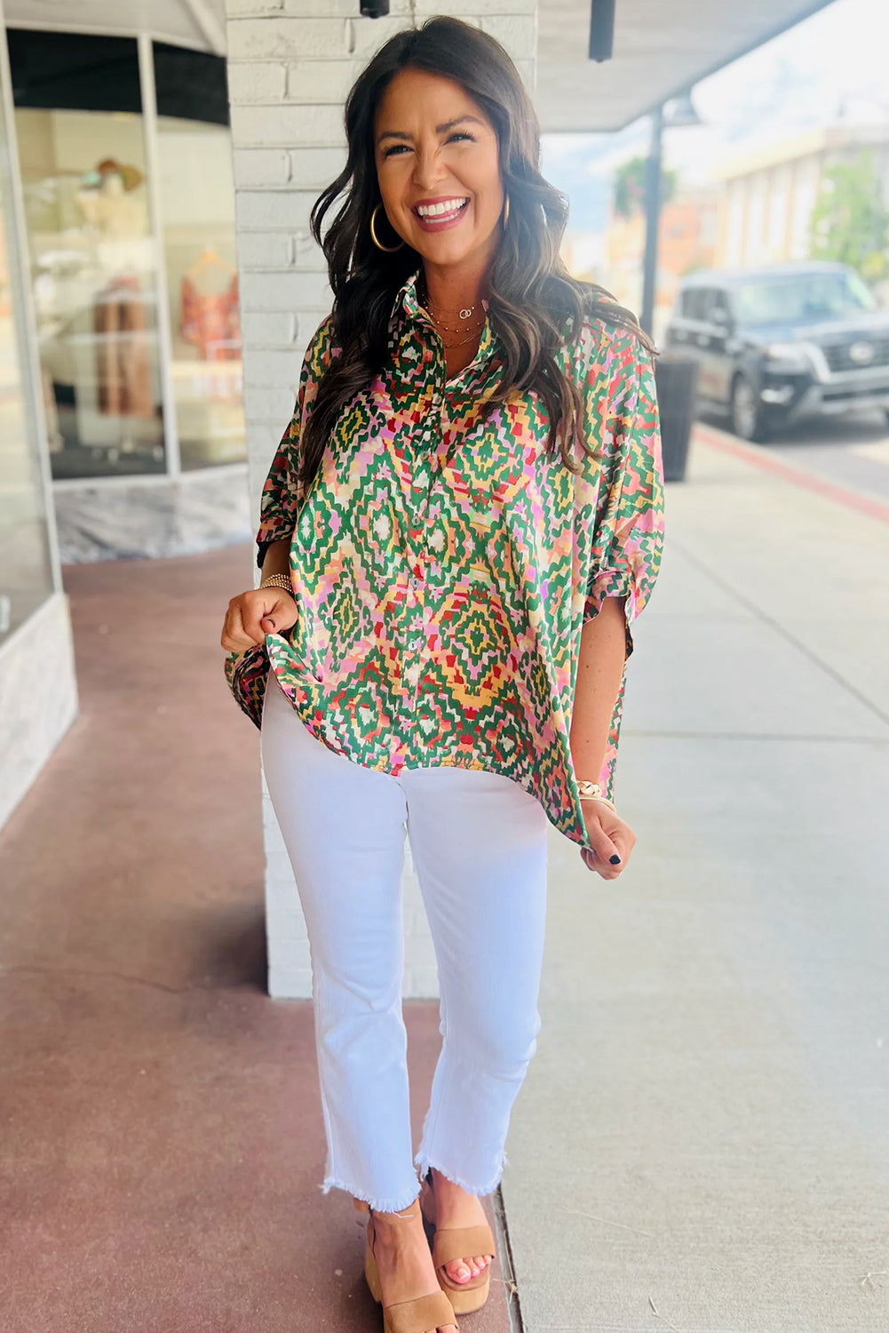 Dark Green Abstract Print Half Sleeve Button up Loose Shirt-Tops/Blouses & Shirts-[Adult]-[Female]-2022 Online Blue Zone Planet