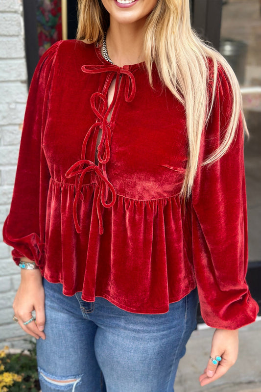 Red Clay Plus Size Tie Front Velvet Peplum Blouse-Plus Size/Plus Size Tops/Plus Size Blouses & Shirts-[Adult]-[Female]-Red Clay-1X-2022 Online Blue Zone Planet