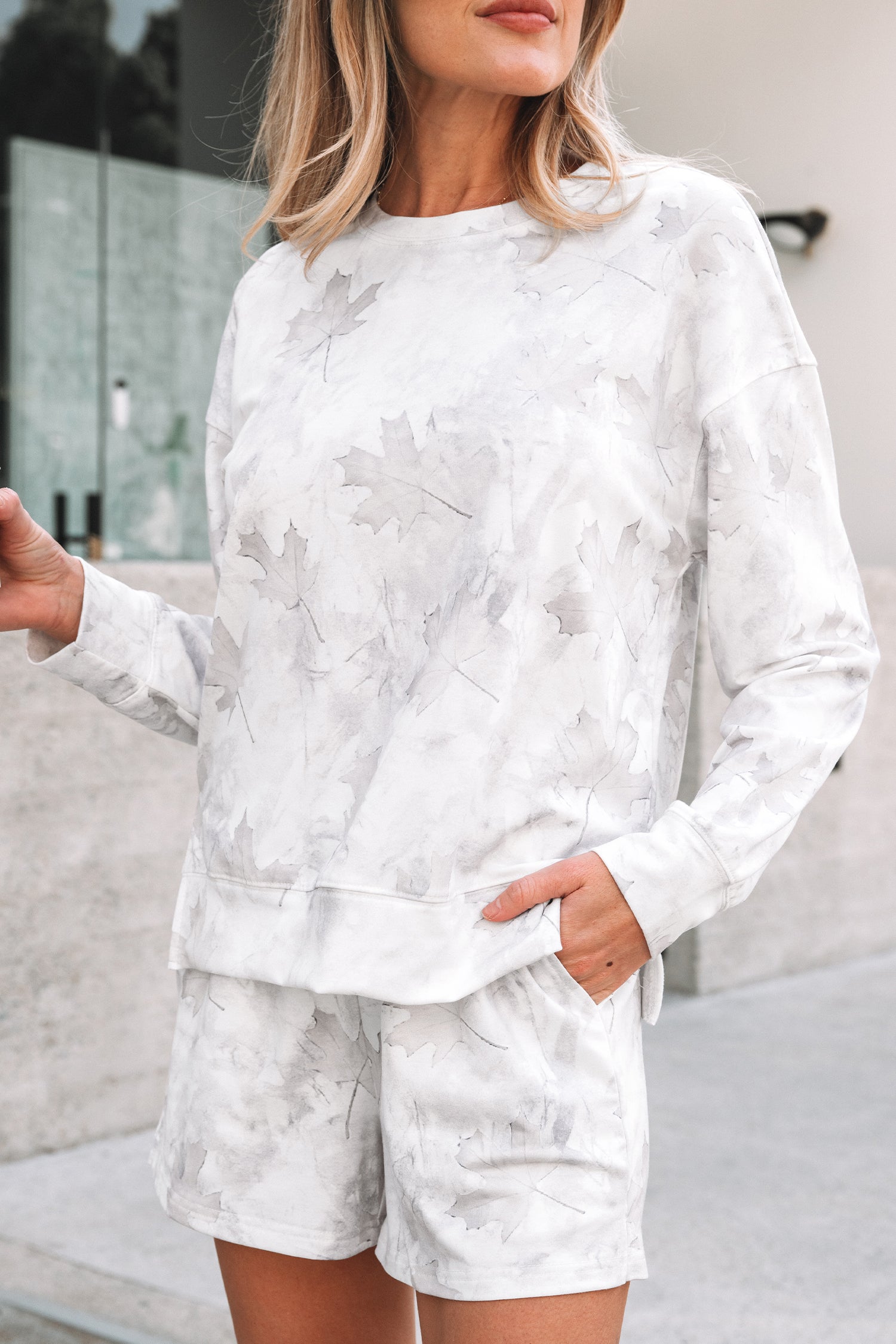 Beige Camo Print Pullover Top And Elastic Waist Casual Short Set-Two Piece Sets/Short Sets-[Adult]-[Female]-2022 Online Blue Zone Planet