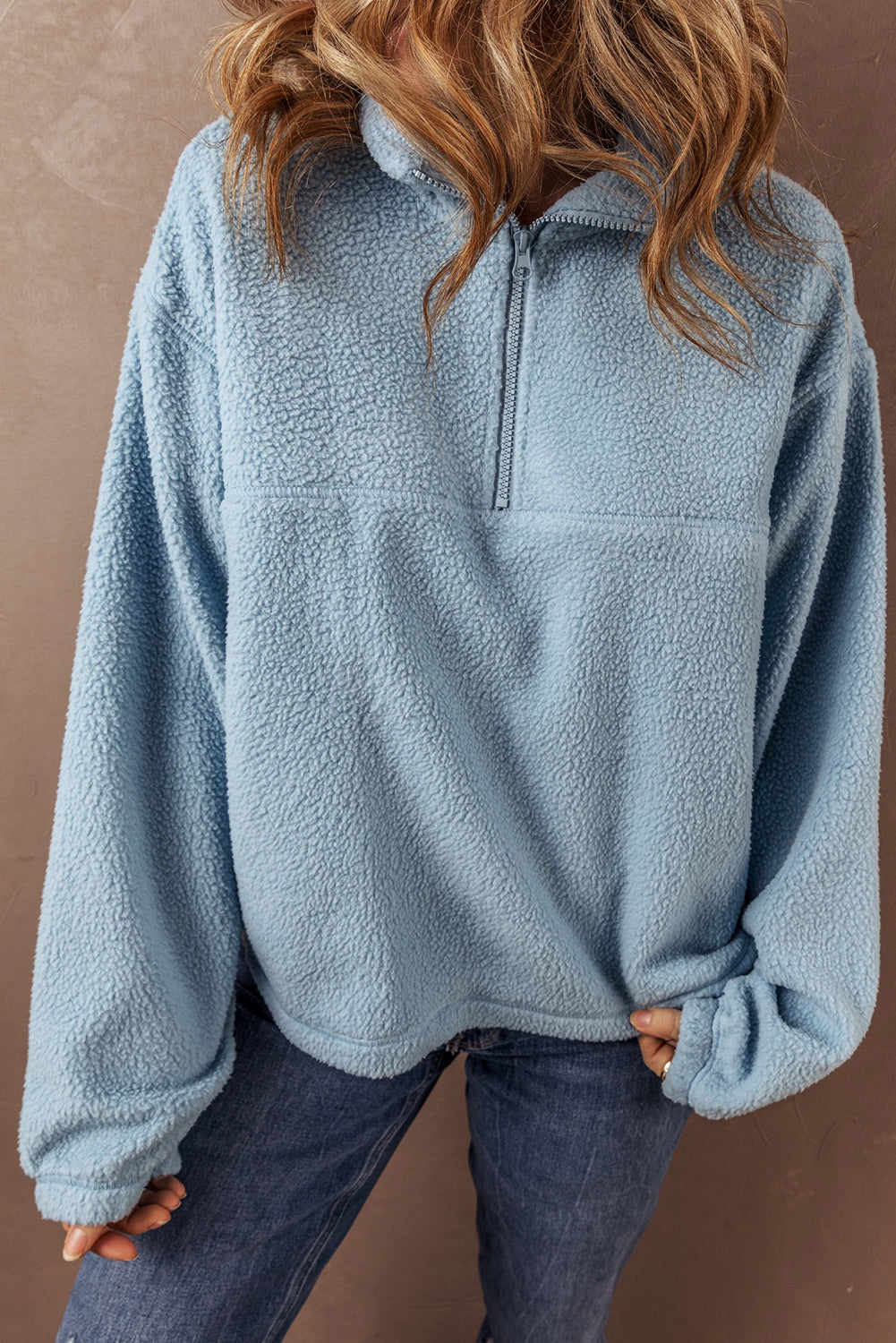 Myosotis Collared Zipper Drop Shoulder Fleece Sweatshirt-Tops/Sweatshirts & Hoodies-[Adult]-[Female]-Myosotis-S-2022 Online Blue Zone Planet