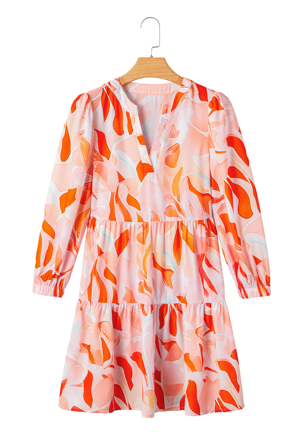 Orange Abstract Print Split Neck Long Sleeve Dress-TOPS / DRESSES-[Adult]-[Female]-2022 Online Blue Zone Planet