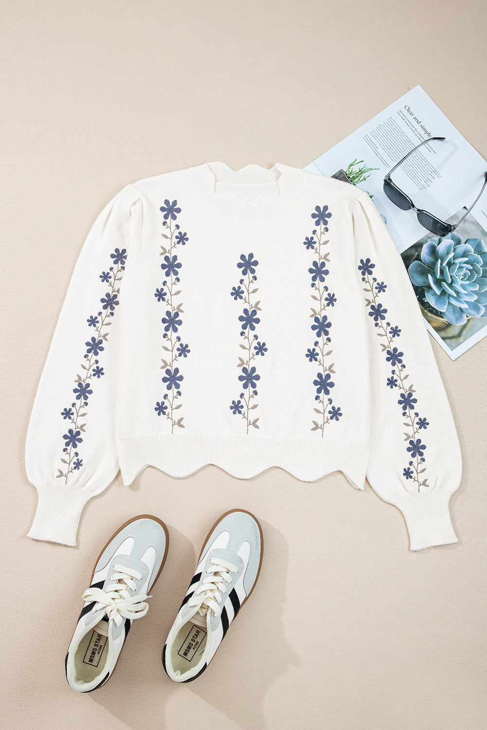 White Floral Embroidered Scallop Hem Cropped Sweater-Sweaters & Cardigans/Sweaters-[Adult]-[Female]-White-S-2022 Online Blue Zone Planet