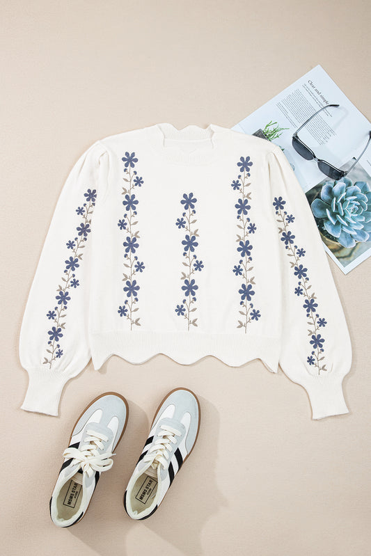 White Floral Embroidered Scallop Hem Cropped Sweater-Sweaters & Cardigans/Sweaters-[Adult]-[Female]-White-S-2022 Online Blue Zone Planet