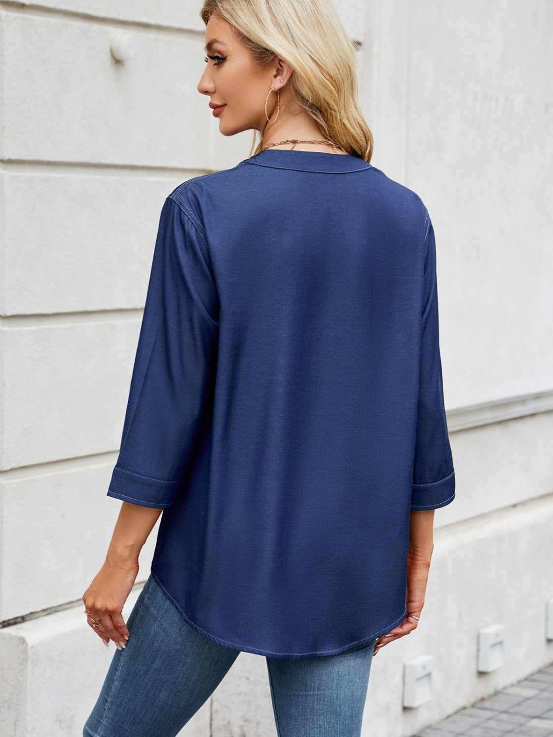 Notched Three-Quarter Sleeve Denim Top-TOPS / DRESSES-[Adult]-[Female]-2022 Online Blue Zone Planet