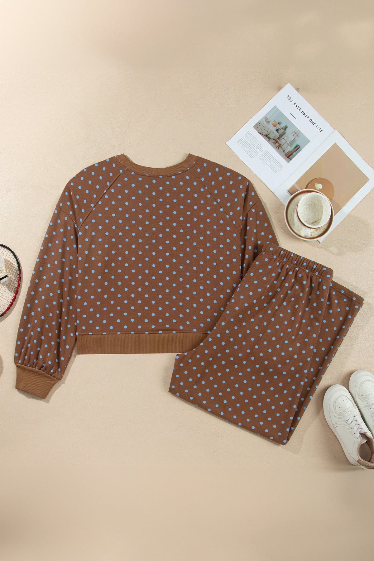 Brown Polka Dot Round Neck Long Sleeve Plus Size Set-Plus Size/Plus Size Loungewear-[Adult]-[Female]-2022 Online Blue Zone Planet