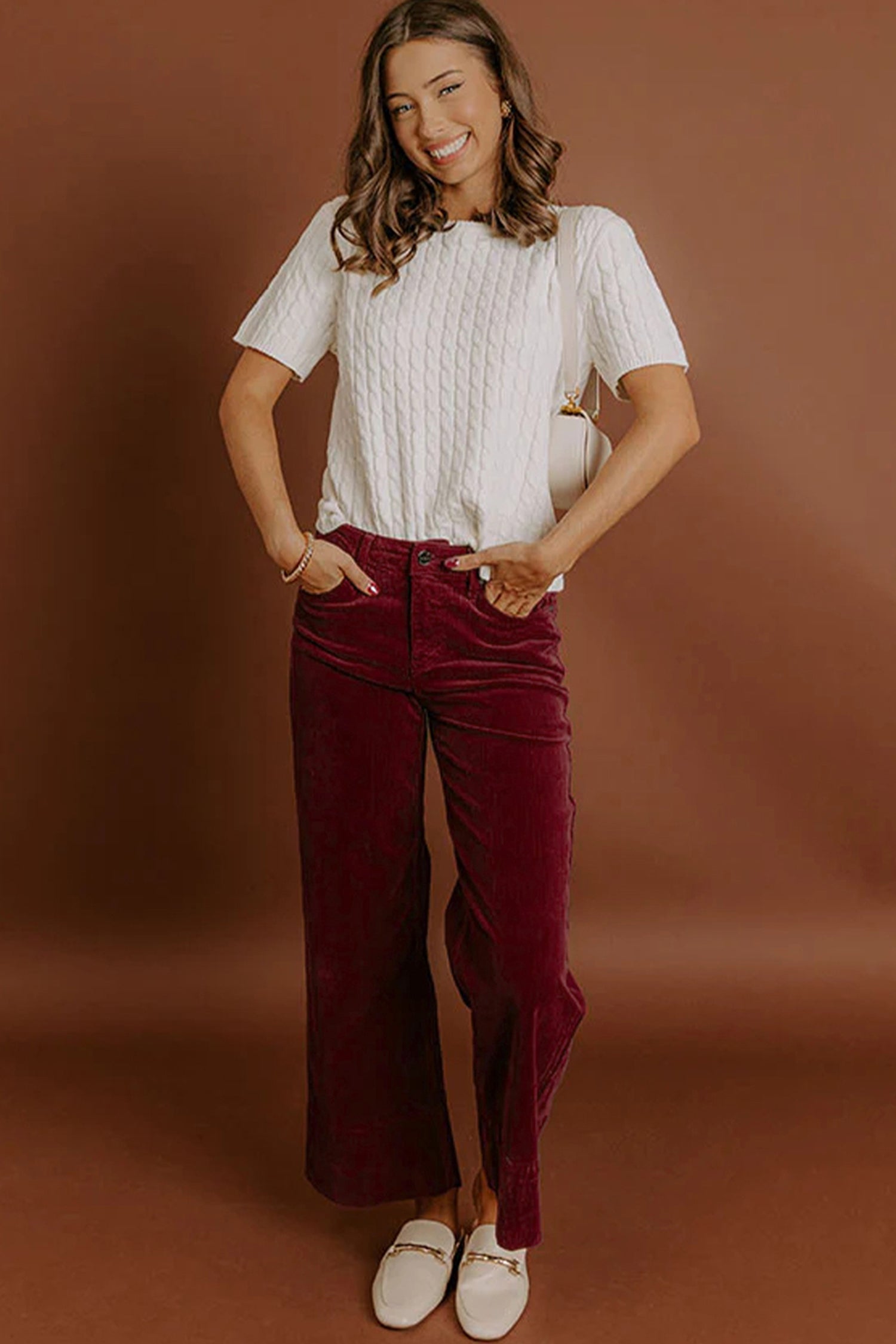 Burgundy Corduroy Solid Color High Waist Wide Leg Pants-Bottoms/Pants & Culotte-[Adult]-[Female]-2022 Online Blue Zone Planet