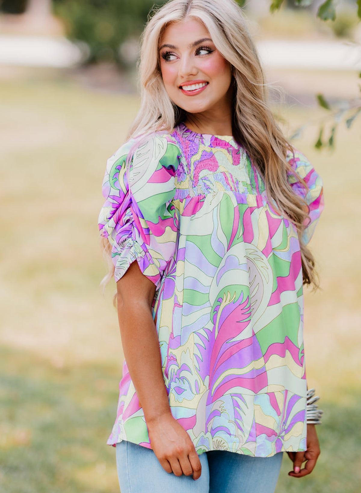 Green Abstract Print Bubble Sleeve Smock Detail Blouse-Tops/Blouses & Shirts-[Adult]-[Female]-2022 Online Blue Zone Planet