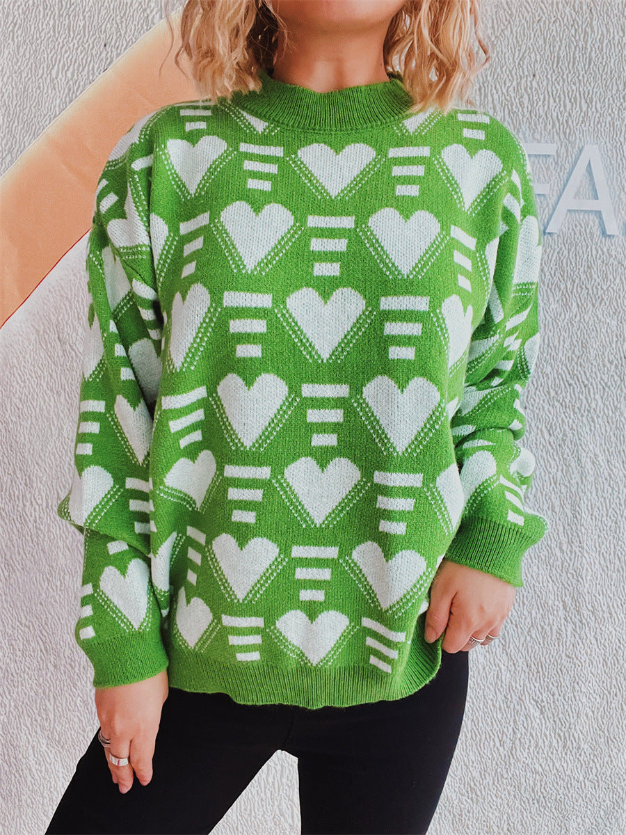 Heart Contrast Long Sleeve Dropped Shoulder Sweater-TOPS / DRESSES-[Adult]-[Female]-Neon Green-One Size-2022 Online Blue Zone Planet