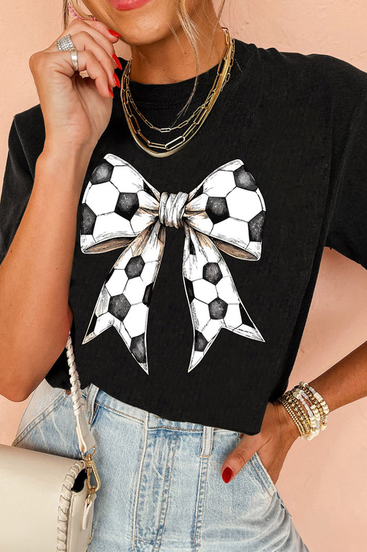 Black Soccer Bow Graphic Casual Summer Tee-Graphic/Graphic Tees-[Adult]-[Female]-Black-S-2022 Online Blue Zone Planet