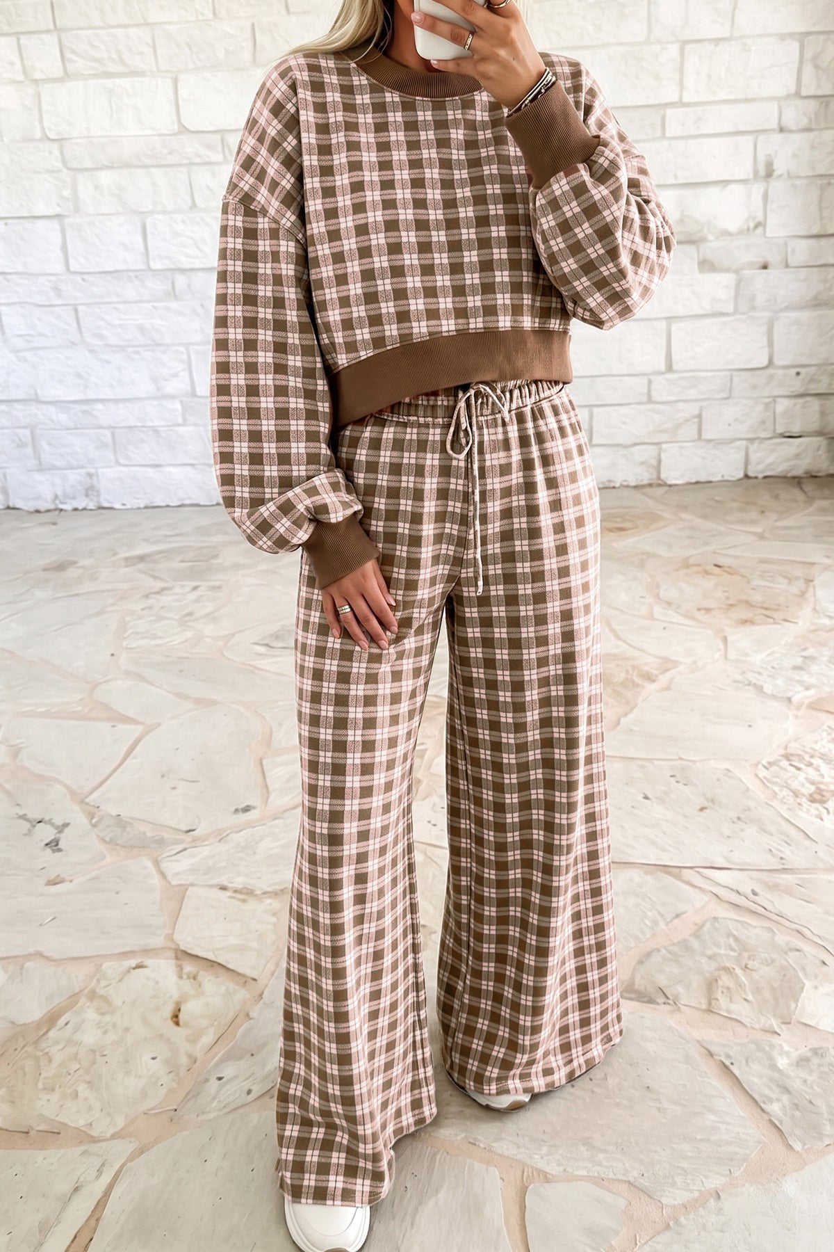 Pink Plaid Long Sleeve Drop Shoulder Top Ribbed Color Block Trim Two Piece Pant Set-Two Piece Sets/Pant Sets-[Adult]-[Female]-Brown-S-2022 Online Blue Zone Planet