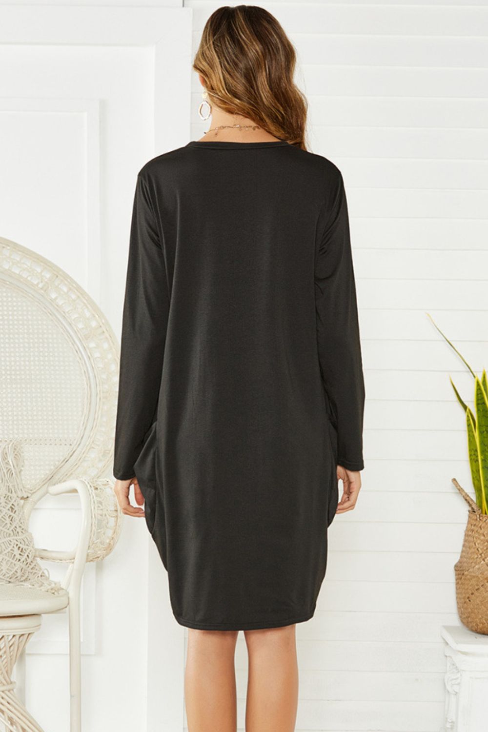 Pocketed Round Neck Long Sleeve Dress-TOPS / DRESSES-[Adult]-[Female]-2022 Online Blue Zone Planet