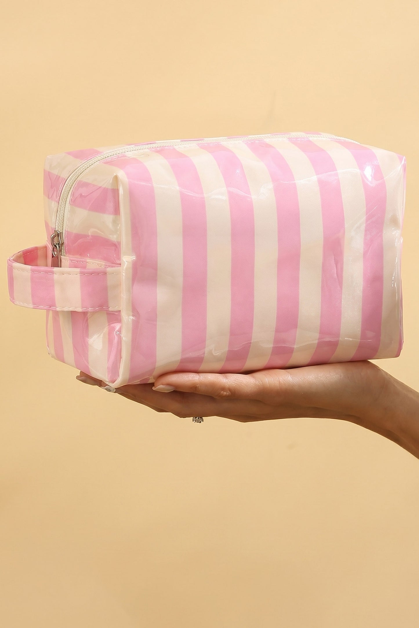 Light Pink PVC Striped Cosmetic Bag Durable Zipper Handle Travel Organizer
