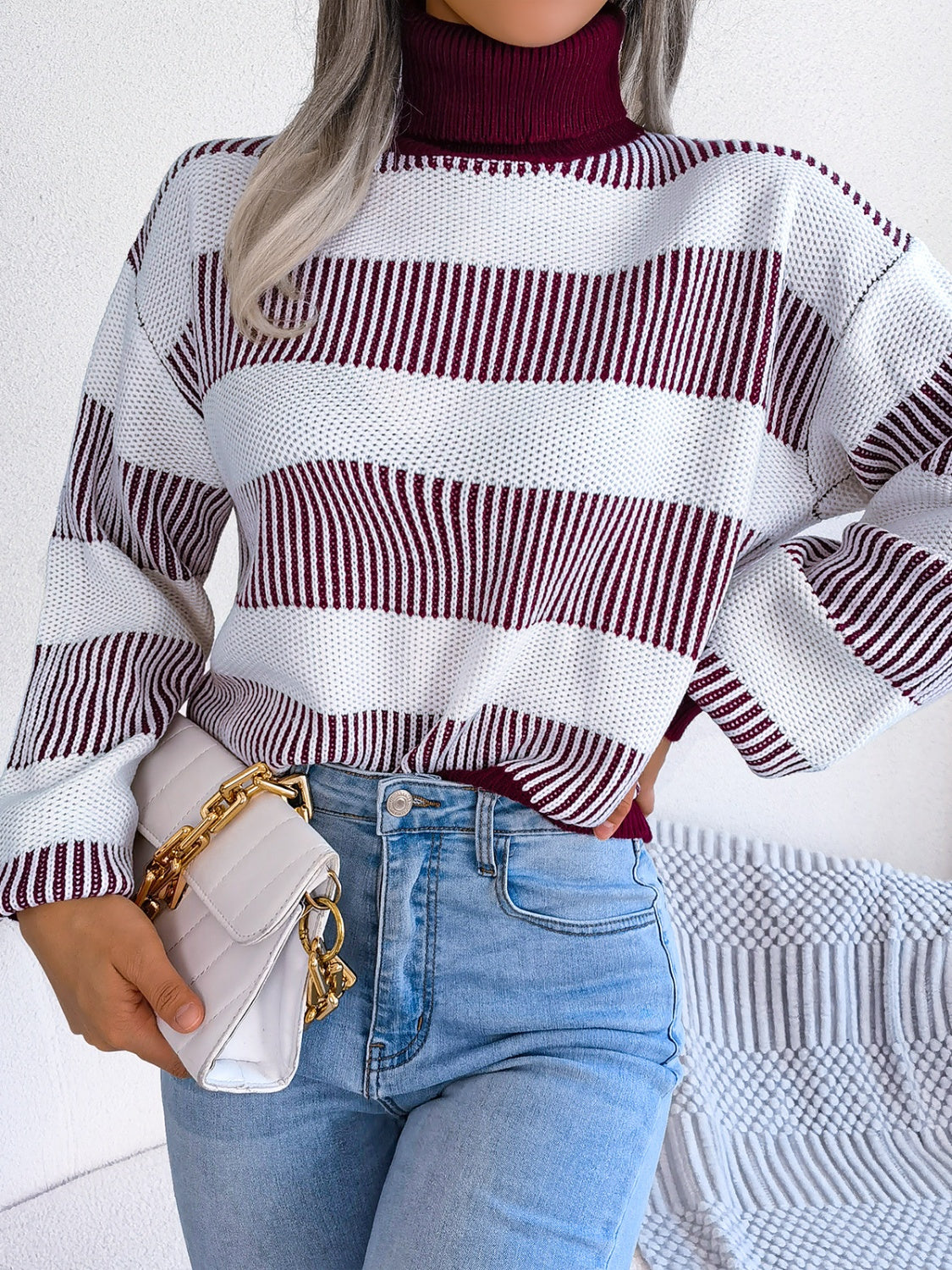 Striped Turtleneck Long Sleeve Sweater-TOPS / DRESSES-[Adult]-[Female]-2022 Online Blue Zone Planet