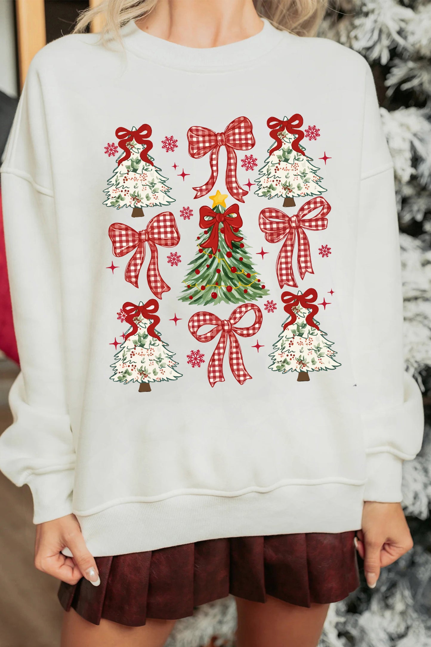 White Christmas Tree Ribbon Bow Printed Drop Shoulder Sweatshirt-Graphic/Graphic Sweatshirts-[Adult]-[Female]-2022 Online Blue Zone Planet