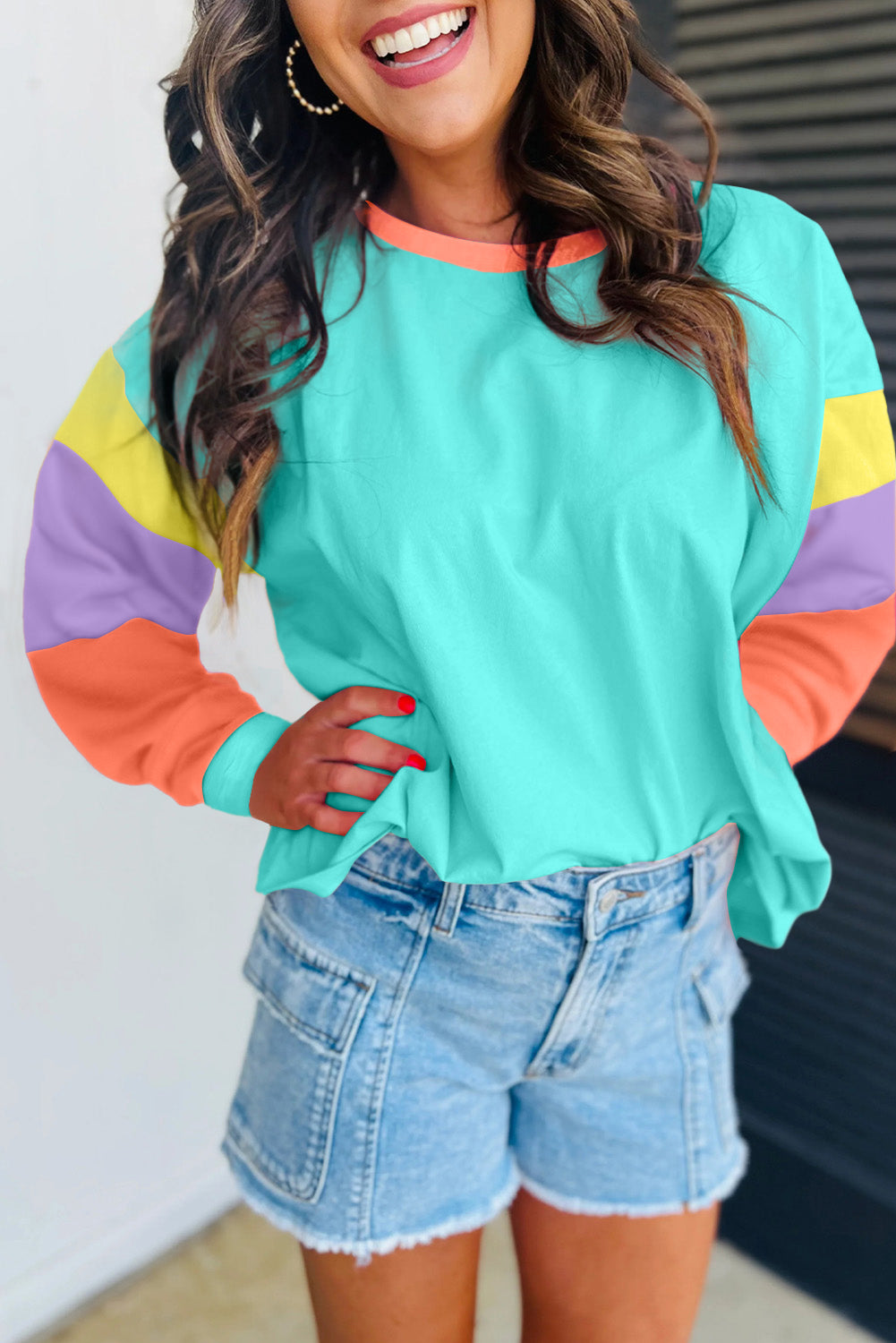 Green Colorblock Patchwork Long Sleeve Loose Top-Tops/Long Sleeve Tops-[Adult]-[Female]-Light Blue-S-2022 Online Blue Zone Planet