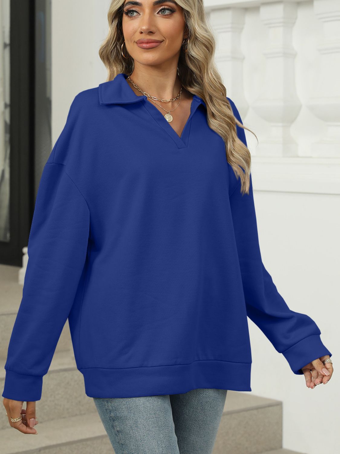 Blue Zone Planet | Johnny Collar Long Sleeve Sweatshirt-TOPS / DRESSES-[Adult]-[Female]-2022 Online Blue Zone Planet