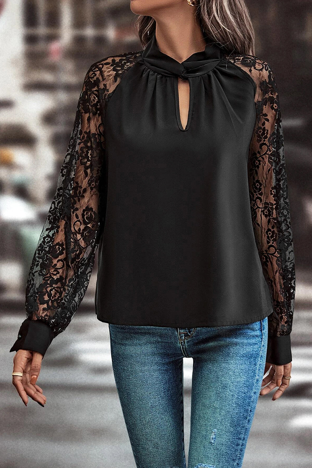 Black Keyhole Neckline Lace Splicing Raglan Sleeve Blouse-Blouses-[Adult]-[Female]-2022 Online Blue Zone Planet