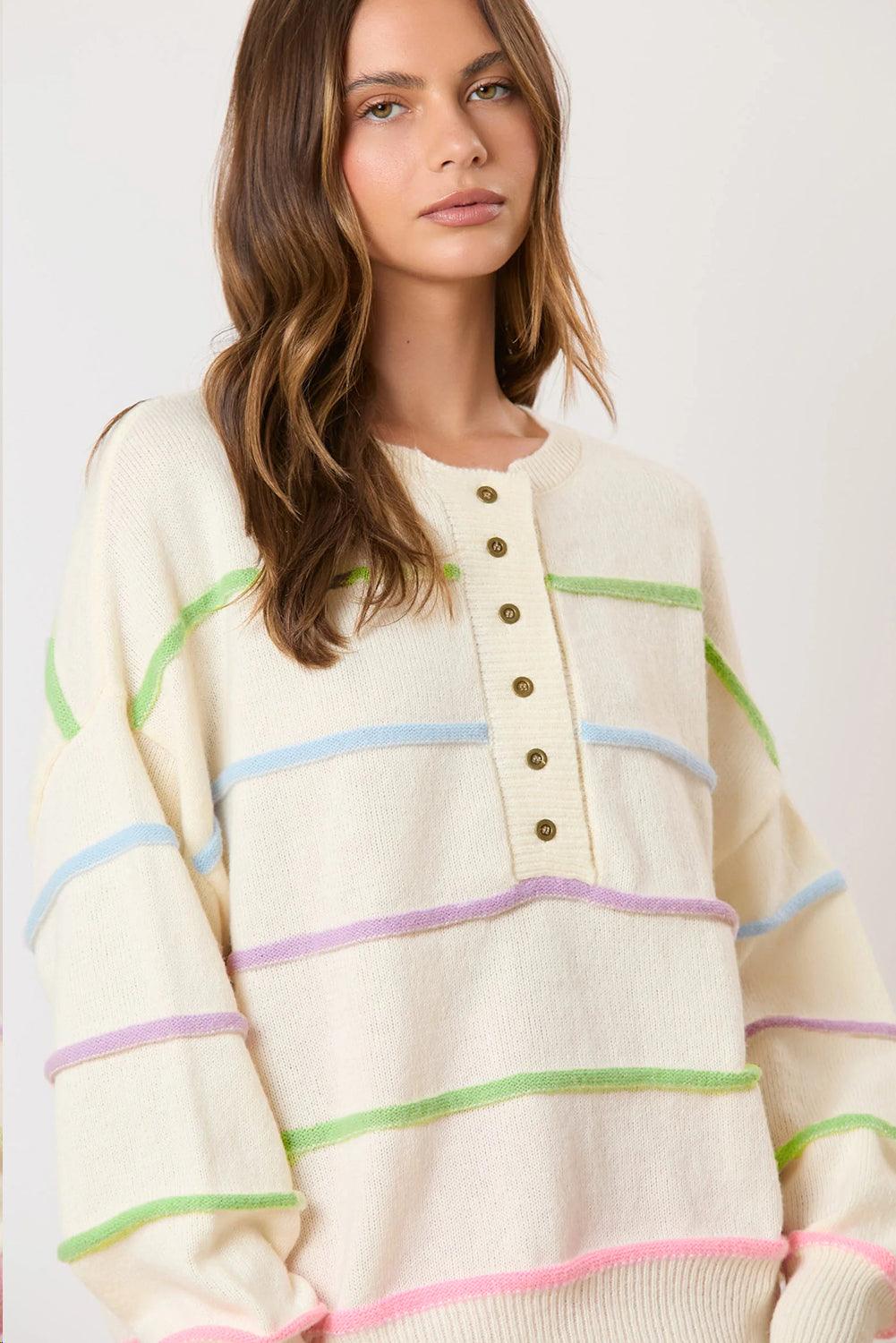 White Rainbow Stripes Drop Shoulder Baggy Henley Sweater-Sweaters & Cardigans/Sweaters-[Adult]-[Female]-2022 Online Blue Zone Planet