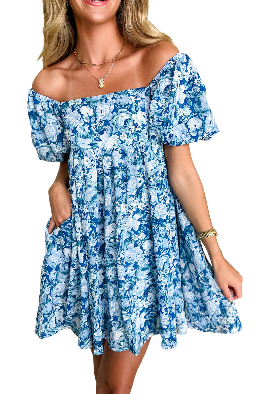 Blue Zone Planet | Blue Floral Puff Sleeve Babydoll Mini Dress-TOPS / DRESSES-[Adult]-[Female]-2022 Online Blue Zone Planet