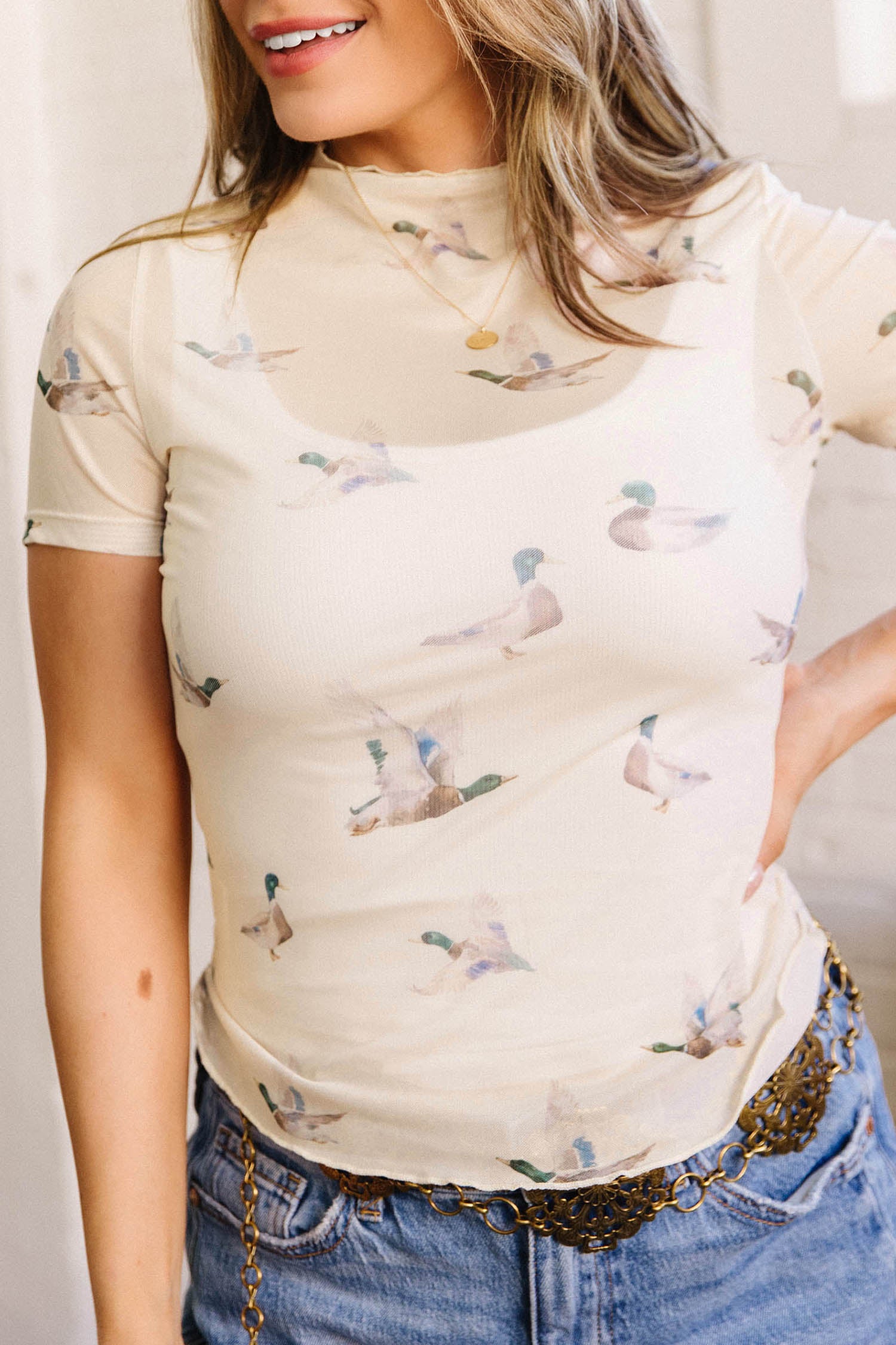 Beige Mallard Sheer Mesh Short Sleeve Top-Tops/Tops & Tees-[Adult]-[Female]-2022 Online Blue Zone Planet