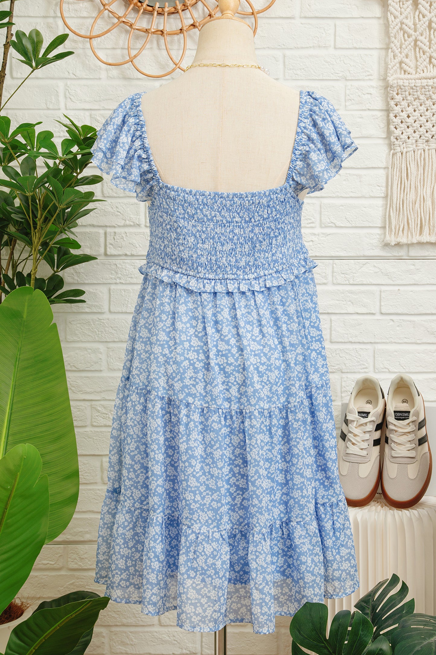 Sky Blue Floral Print Square Neck Flutter Sleeve Smocked Tiered Mini Dress-TOPS / DRESSES-[Adult]-[Female]-2022 Online Blue Zone Planet