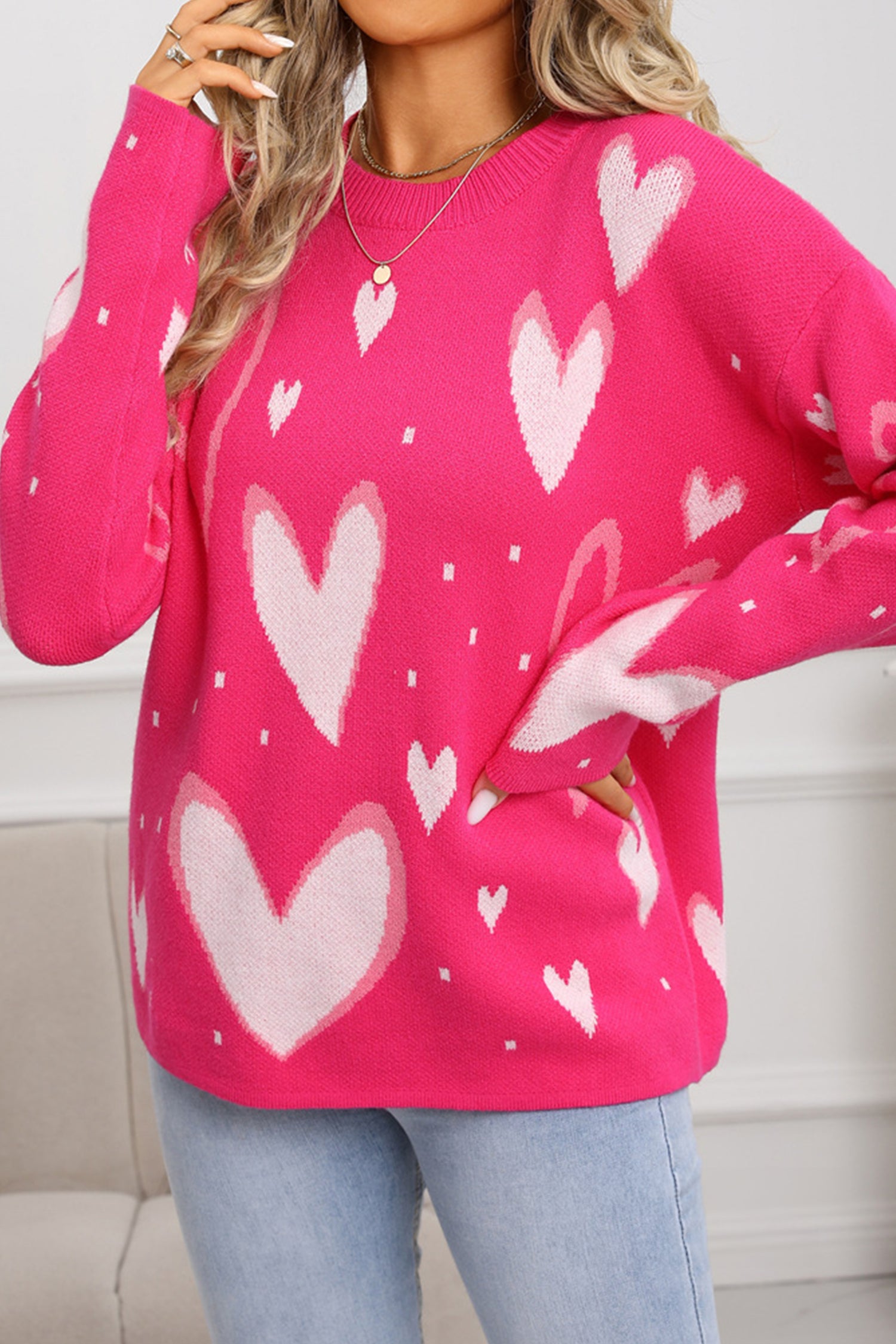 Rose Red Splendid Heart Print Valentines Day Sweater-TOPS / DRESSES-[Adult]-[Female]-2022 Online Blue Zone Planet
