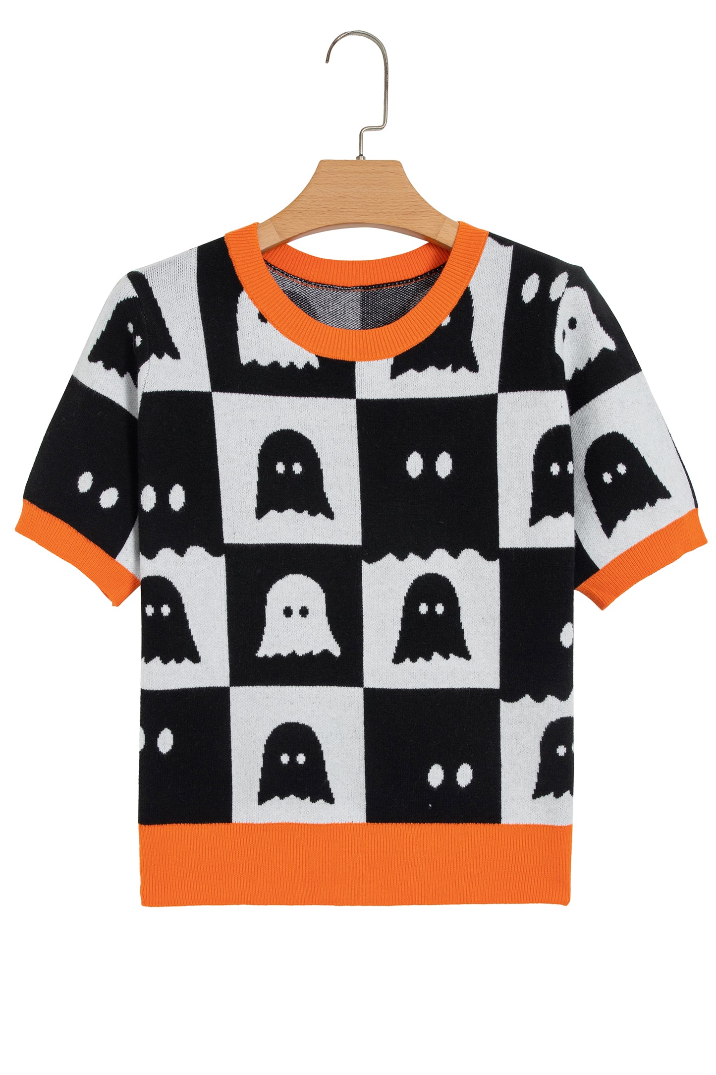 White Geometric Ghost Color Block Trim Short Sleeve Knit Sweater-TOPS / DRESSES-[Adult]-[Female]-2022 Online Blue Zone Planet
