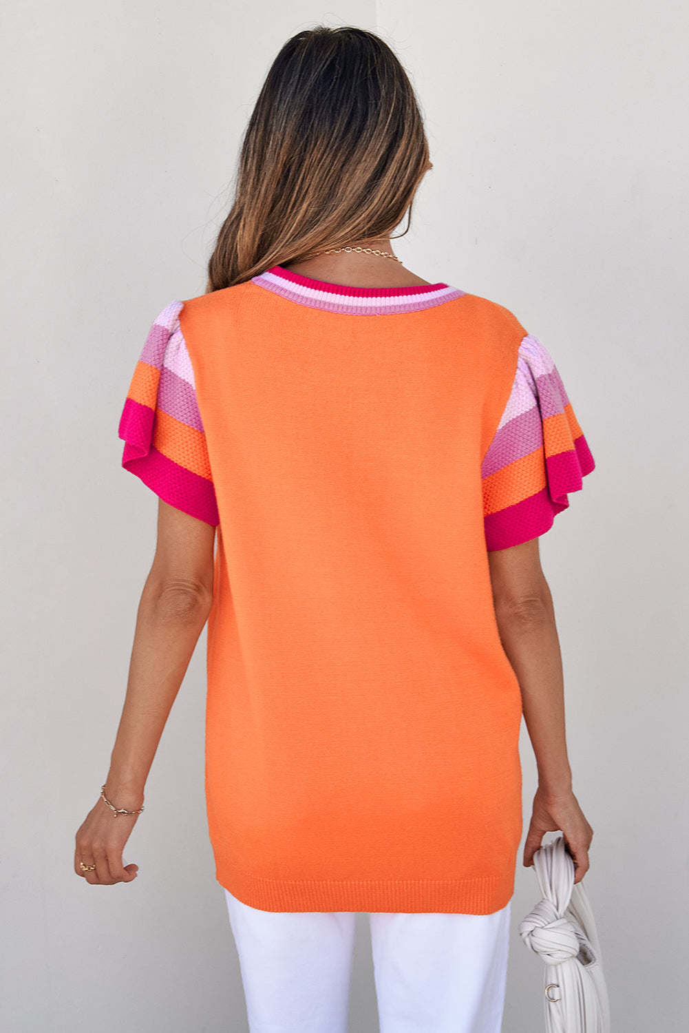 Carrot Contrast Flutter Sleeves Knitted Sweater T Shirt-Tops/Short Sleeve Sweaters-[Adult]-[Female]-2022 Online Blue Zone Planet