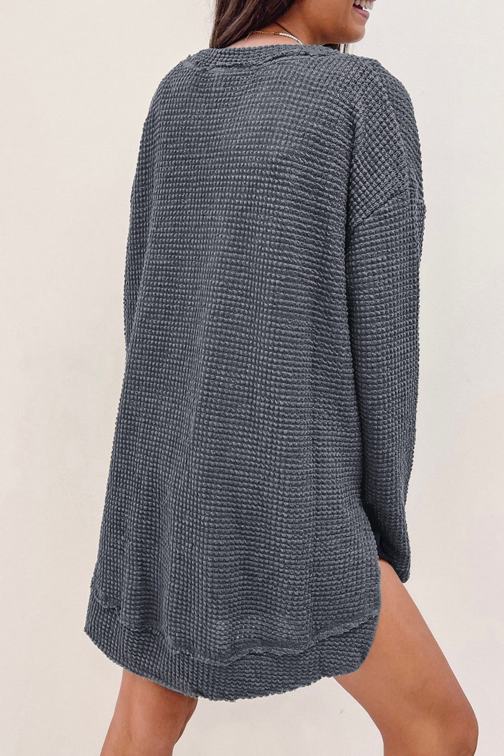 Black Waffle Knit High Slits Oversized Top-Tops/Long Sleeve Tops-[Adult]-[Female]-2022 Online Blue Zone Planet