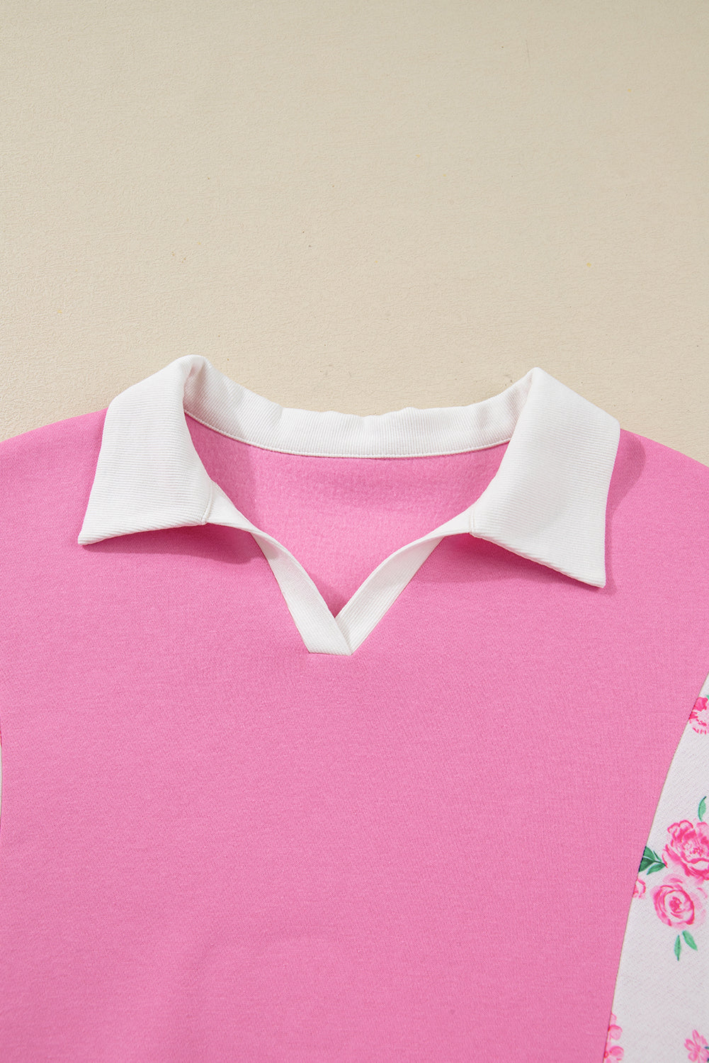 Pink Plus Size Contrast Polo Collar Floral Patchwork Elastic Cuffs Long Sleeve Top-Plus Size/Plus Size Tops/Plus Size Long Sleeve Tops-[Adult]-[Female]-2022 Online Blue Zone Planet