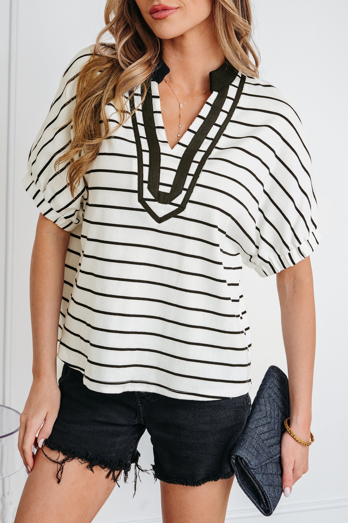 White Stripe Stand Collar V Neck Elastic Cuffs Half Sleeve Dolman Top-Tops/Blouses & Shirts-[Adult]-[Female]-2022 Online Blue Zone Planet